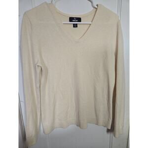 Lands End 100% Cashmere Sweater Womens Medium V Neck Cream Classic Knit